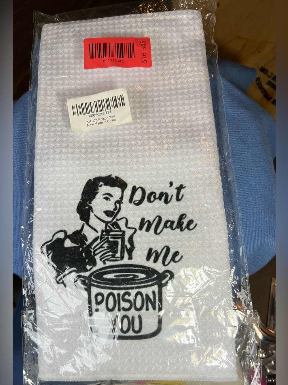 White New  Waffle-Weave Kitchen Towel with Black Retro Graphic